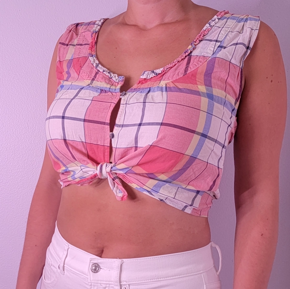 Abercrombie & Fitch Women Button-Down Pink Plaid Tank Top Size Small